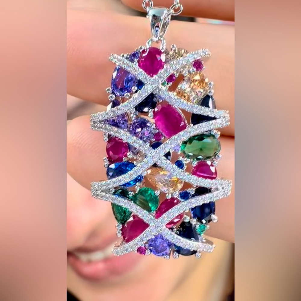 Solitaire Multicolor Gemstone Luxury Pendant Neck… - image 2